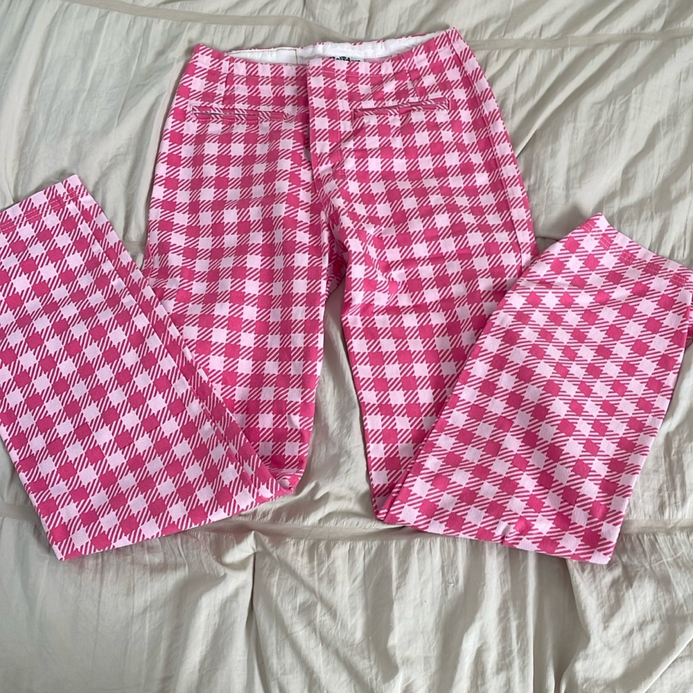 Emma Mullholland on Holiday Pink Plaid Pants Denim Jeans Straight Leg Small